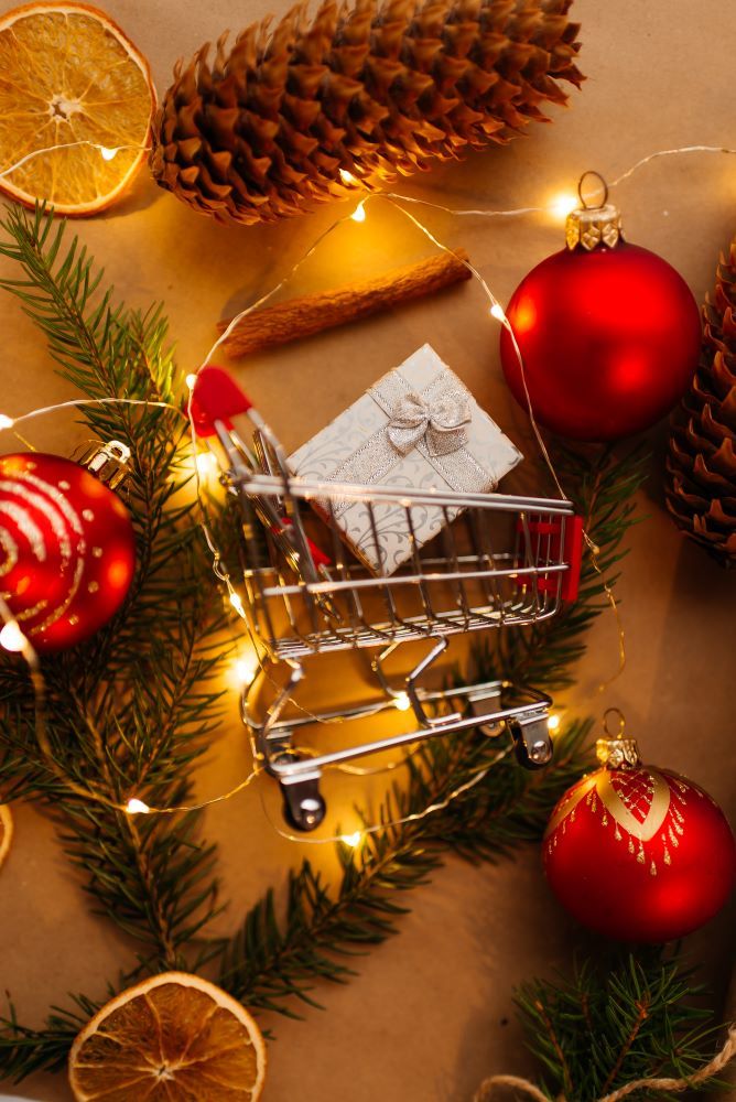 shopping cart in christmas lights buying christmas