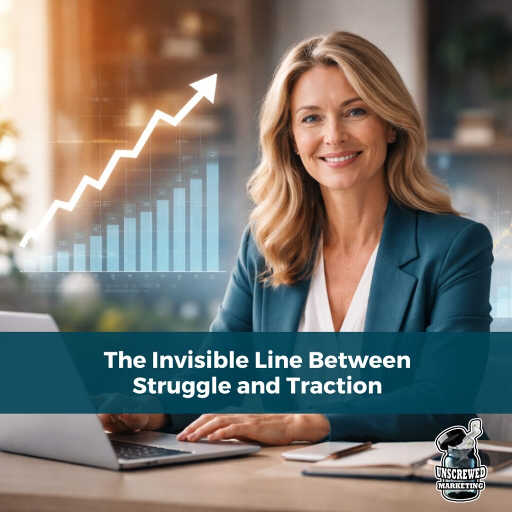 The Invisible Line Between Struggle and Traction female entrepreneur sitting at her desk with charts showing successful business