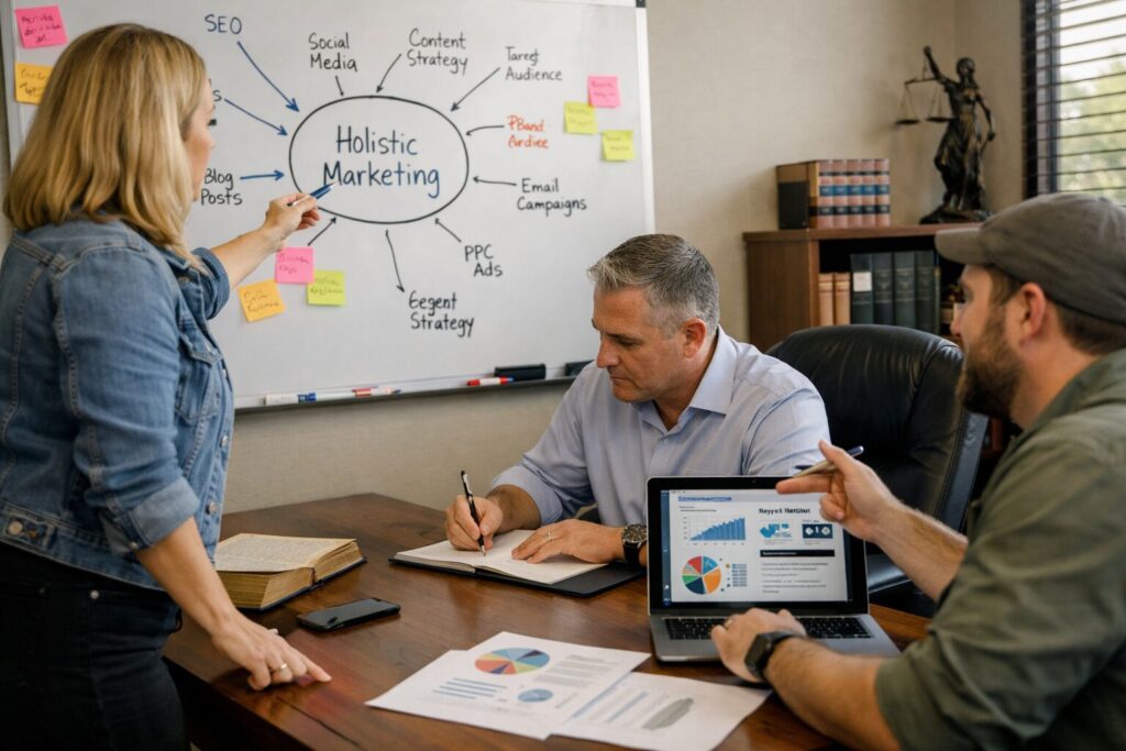 holistic marketing for lawyers in Atascocita shows two marketing pros consulting with an attorney