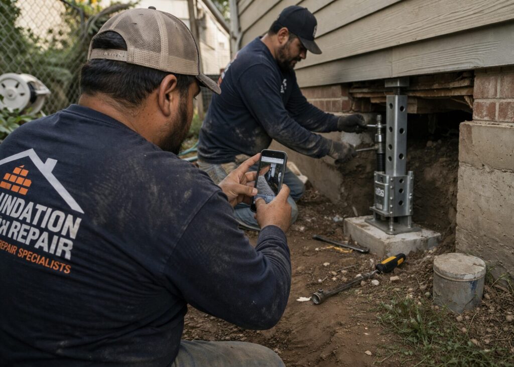 Online Marketing for Foundation Repair Contractors in Third Ward team member taking photo of work to use on social media