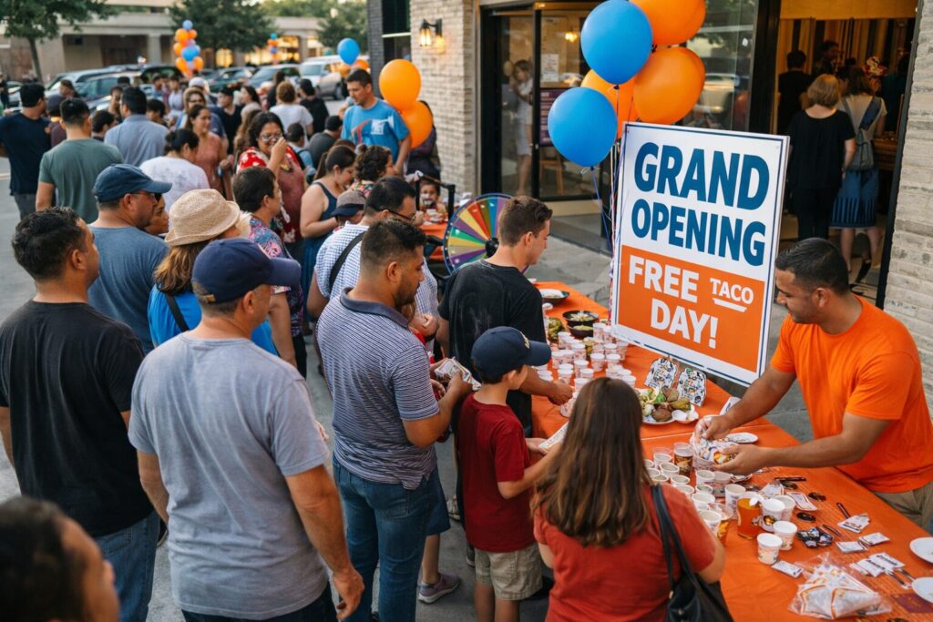 hyperlocal marketing in Houston showing a large group of customers at a grand opening